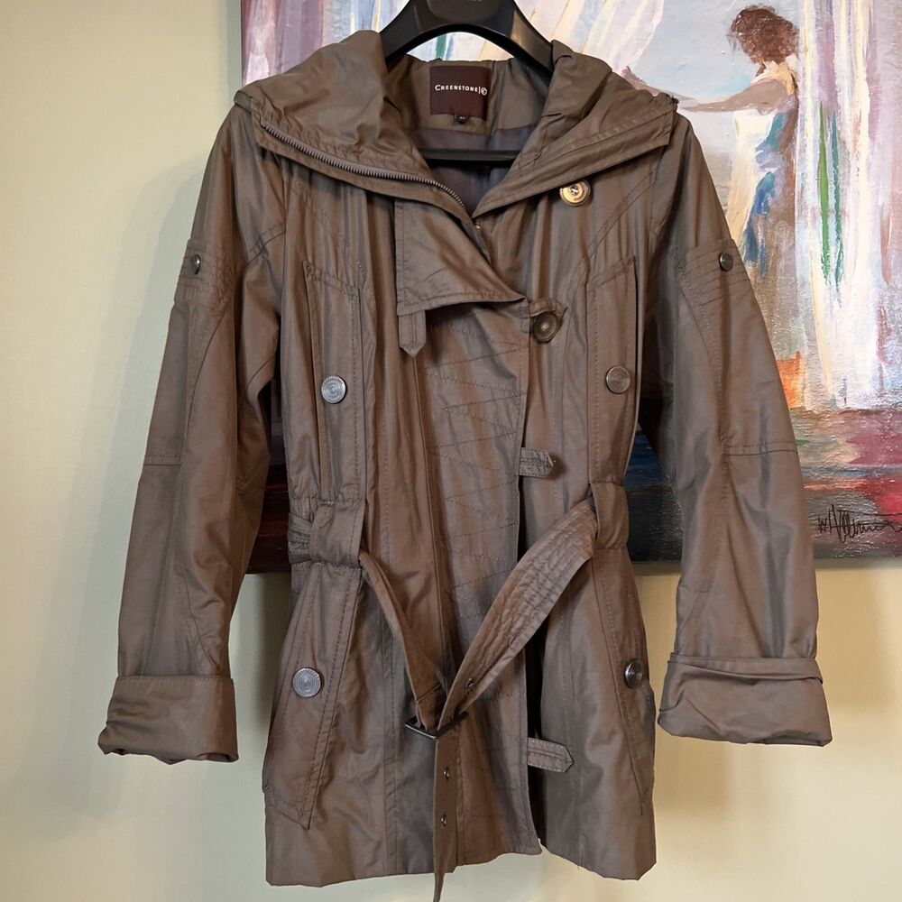 Greenstone Sz 40/M/L Brown Belted Boutique Style Rain Jacket Hood EXCELLENT
